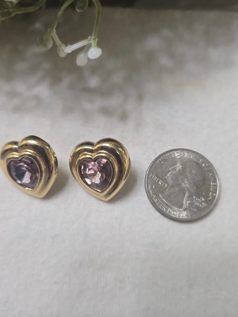 Gold Heart Stud Earrings with Pink Gemstone